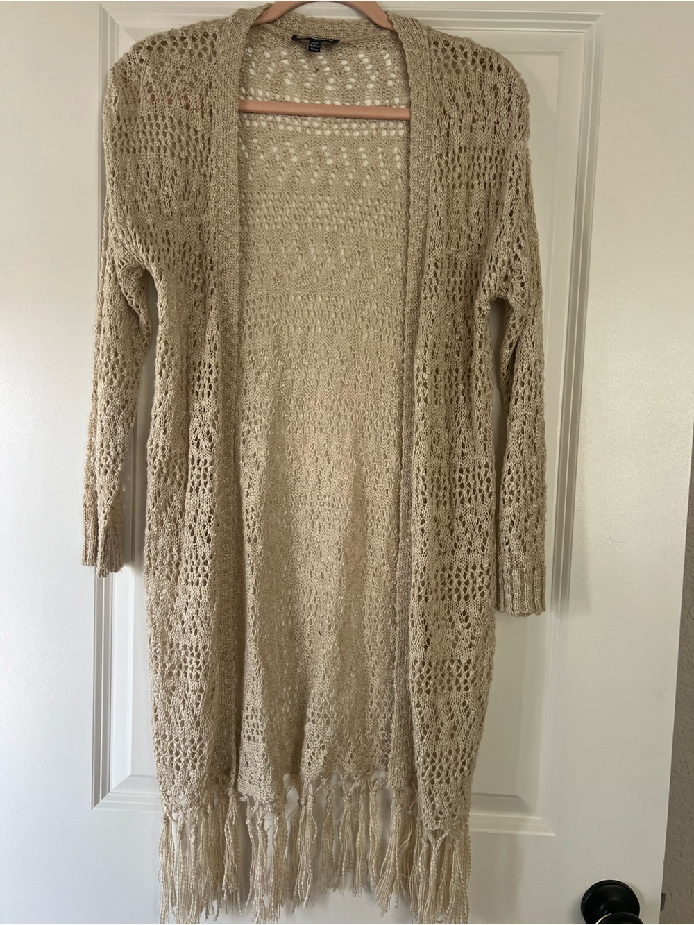 Freshman Open-Knit Fringe Long Cardigan - Beige